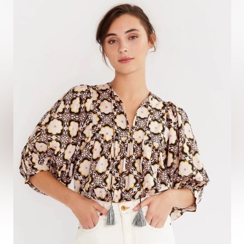 Mille Thalia Top in Merida Black Brown Cream Yellow Retro Floral XXS